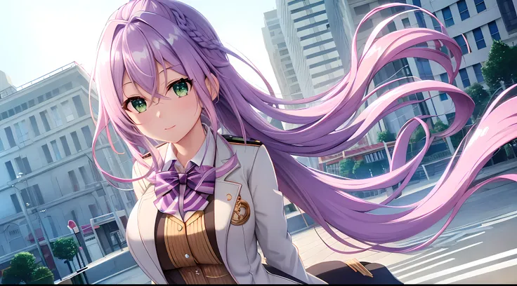 Athena with plain long light purple hair,hair between eyes,green eyes,rosy cheeks,full lips,thin eyebrows,slender body,wearing school coat and full long skirt,praying beads on neck,cute anime girl,full body,greek Acropolis street in background,anime style,...