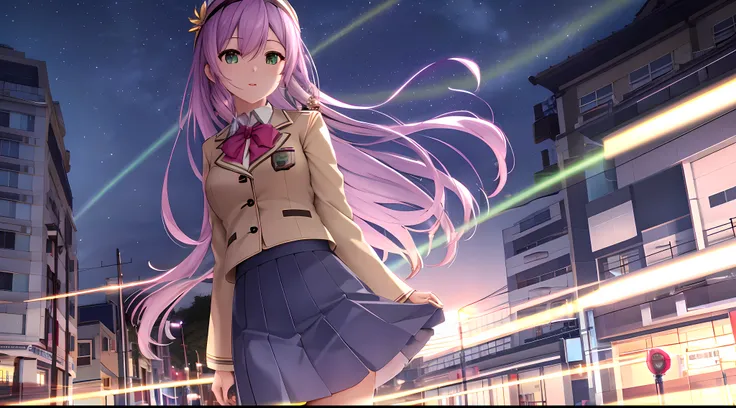 Athena with plain long light purple hair,hair between eyes,green eyes,rosy cheeks,full lips,thin eyebrows,slender body,wearing school coat and full long skirt,praying beads on neck,cute anime girl,full body,greek Acropolis street in background,anime style,...