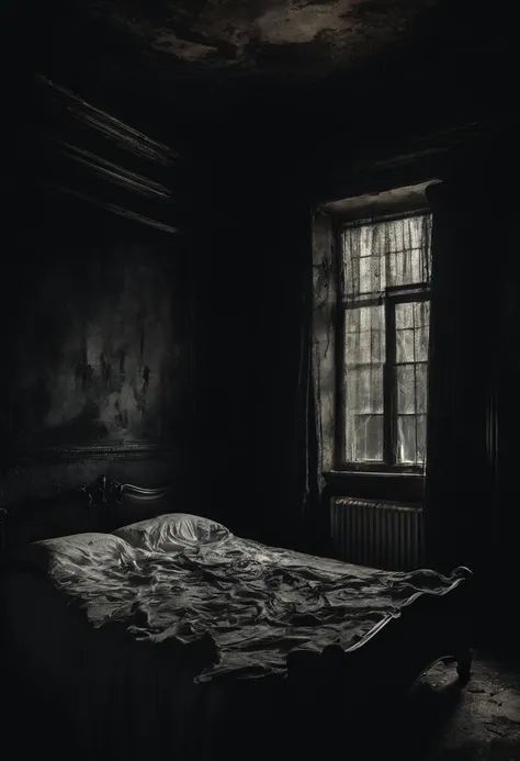 ((creepy dark bedroom, with low lit bed with white sheets and high mattresses)), wet walls, leaking walls, broken windows, broken furniture,