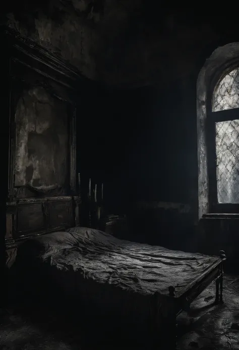 ((creepy dark bedroom, with low lit bed with white sheets and high mattresses)), wet walls, leaking walls, broken windows, broken furniture,