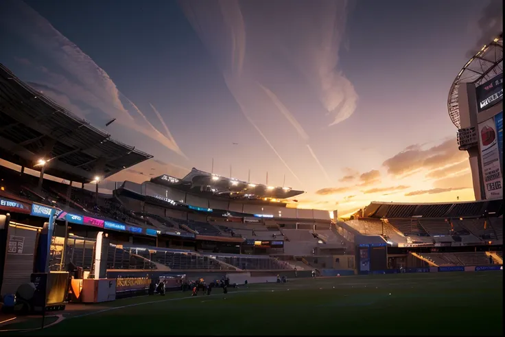 Gorgeous stadium, realistic, Night view, 8k, sunset lighting, vibrant colors, crowd cheering, detailed architecture, professional photography, dynamic action, lively atmosphere, clear sky, built-in floodlights, illuminated scoreboard, vivid grass field, dr...