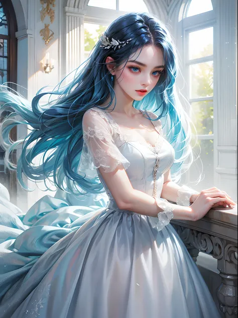 a women, blue hair, blue eyes, white dress