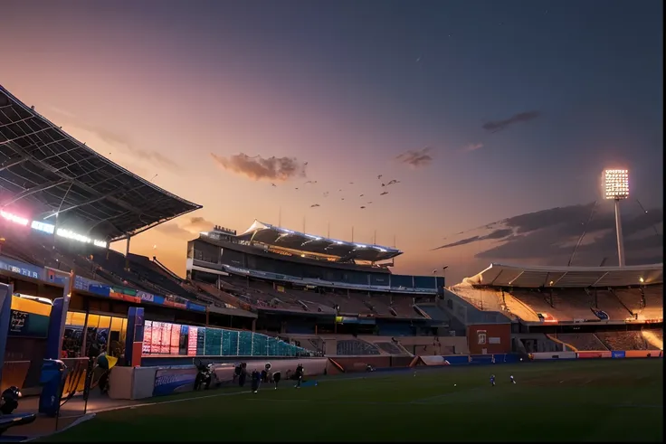 Gorgeous stadium, realistic, Night view, 8k, sunset lighting, vibrant colors, crowd cheering, detailed architecture, professional photography, dynamic action, lively atmosphere, clear sky, built-in floodlights, illuminated scoreboard, vivid grass field, dr...