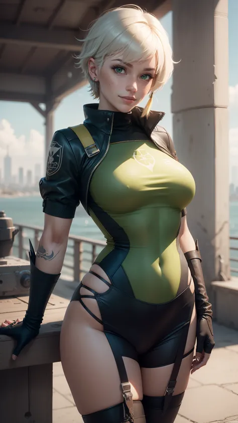 gwen tennyson,yshtola rhul,yorha 2b, tracer,nier automata,overwatch,close up,mecha pilot,city view,tattoos,green and yellow plugsuit,steel short sleeve lycra top,yellow lycra leggings,steel garter belt,uncovered belly,short hair, cute makeup,green eyes,dim...