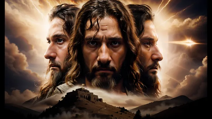 a close-up of a movie poster with a Moses man, Jesus, Elijah of the Bible, curar, dramatic artwork