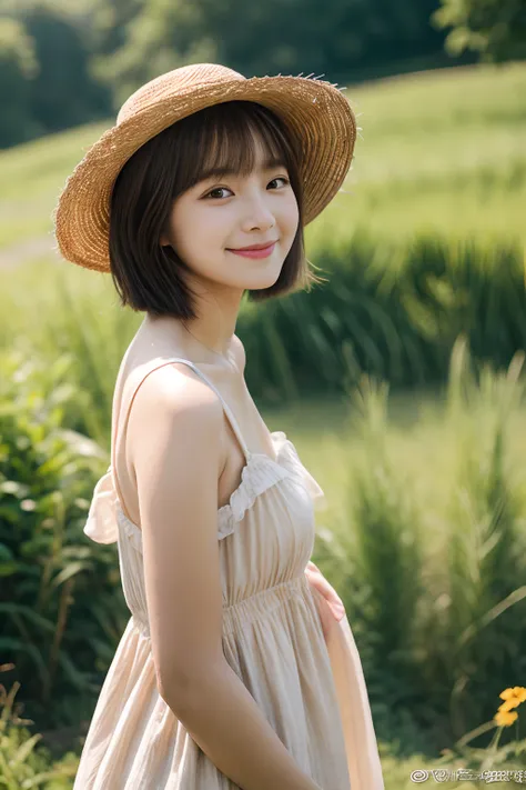 ​masterpiece、4K、top-quality、beautiful Korean women、detail portrayal、1 girl in、23years old、(sundress:1.1)、bob cuts、countryside、depth of fields、cowboy  shot、ssmile、Frolic