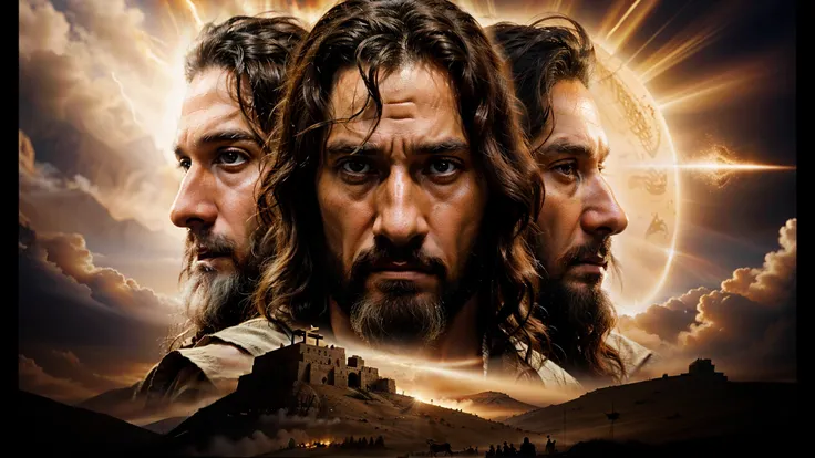 a close-up of a movie poster with a Moses man, Jesus, Elijah of the Bible, curar, dramatic artwork