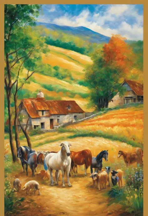 painting on cotton canvas, ((Pierre-Auguste Renoir)) "family working on the farm, ((animals)) trees, mountains, late afternoon sun" without watermark (--texture:5 clay - Glue): (--grain-amount : quantity = 0.1 - 1.0): oil paint (high resolution photo art) ...