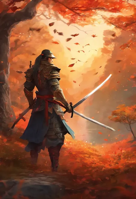 Masterpiece, best quality, Samurai, sword, tree overhead, falling leaves, samurai armor, katana, ,