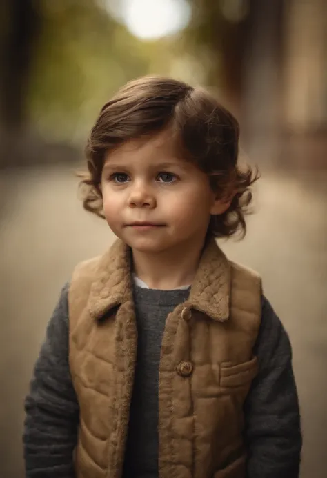 A thin child about eight years old, confident, sunny in a suit, close-up on the front, contrast