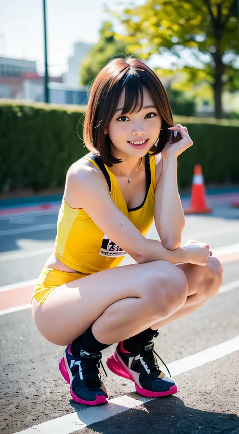 Before the start of the track and field sprint、（Yellow track and field uniform）、{Small size vest、Wear high-leg bloomers}、（The area around the stomach is exposed）、（hason、Exposed skin on the arms and legs）、crouched、M-shaped legs、closeup cleavage、cosplay foto...