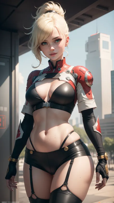 gwen tennyson,yshtola rhul,yorha 2b, tracer,nier automata,overwatch,close up,mecha pilot,city view,tattoos,gold and red plugsuit,white short sleeve lycra top,steel lycra micro shorts,steel garter belt,uncovered belly,short hair, cute makeup,green eyes,dime...