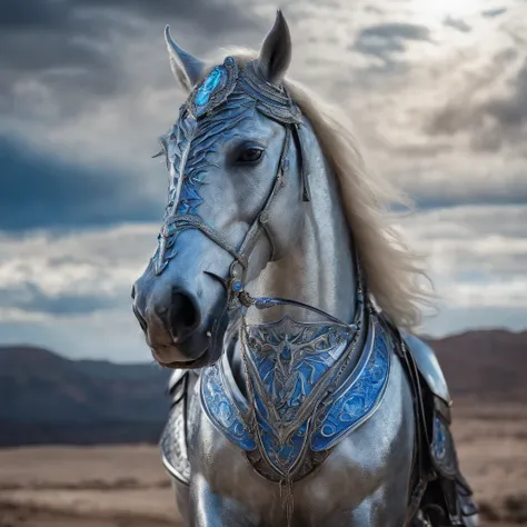 portrait of ultramarine crystal ice horse in detailed elfic armour and open elfic helm in mystical style with mystical emotions and mystical eyes, heaven horizon, silver, white, desert landscape, ornate, intricate, realistic, detail,