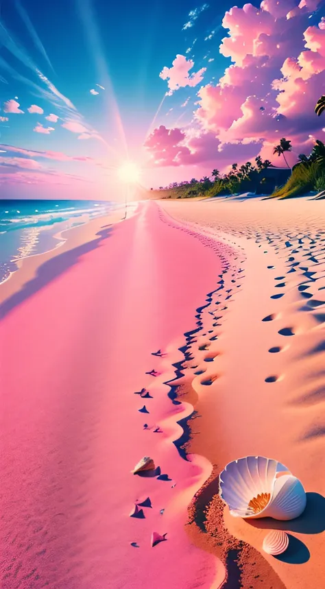 Exquisite scenes，depth of fields，8K，Cloudless，Blue sky，The sun shines on the pink sand。There are roses on the beach，There are shells on the beach