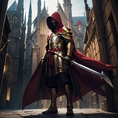 full body low angle shot of an intimidating male holy warrior with cloak with hood in gold red and white clothes wielding a two-...