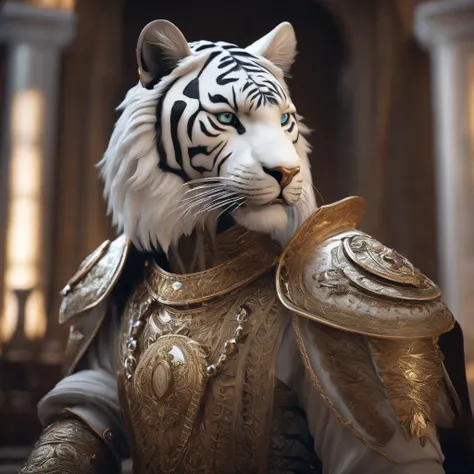 Anthropomorphic white tiger in armor，Extremely aesthetically intricate details，tack sharp focus，captivating lighting，trending on artstationh，Fine armor，Cinematic lighting，intricate filigree metal design，8k，Unreal engine，octaneratingrendering