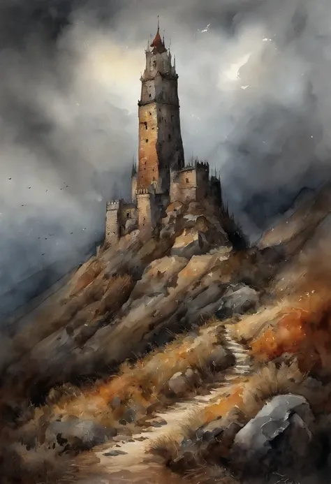 Masterpiece, best quality, Dark tower, ominous, foreboding, dark spires, spikes, walls, Fortress, dark clouds,