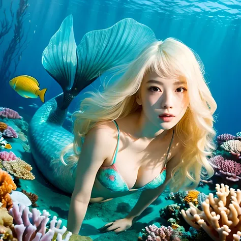 Beautiful mermaid with blonde hair、Swimming in the sea、In the deep sea、There is a coral reef、