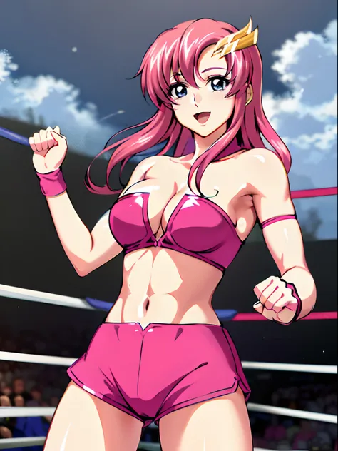 (((pink strapless wrestling outfit, gloves, pink shorts , slender body, long stomach, nice thighs, happy, gentle))), (masterpiece, standing , 4K, Best Quality, Anime style,, Adult Woman, ultra detailed face, (cloud background, wrestling), Drawing lines, hi...