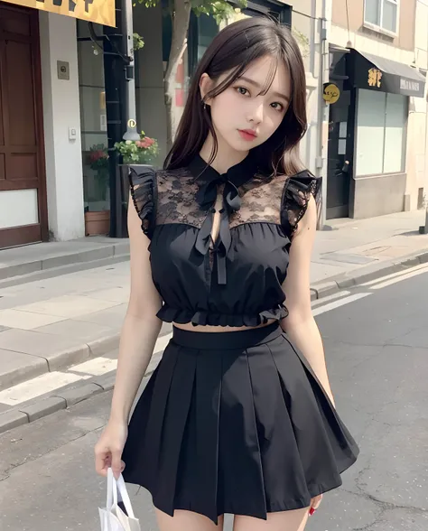 (Best Quality, 8K, masutepiece, Ultra HD: 1.3), 1girl in,Wolfcut,cocky,Facial expressions inviting a man,Glossy,slender body shape,Delicate lips,beautidful eyes,二重まぶた,Black blouse,White Heart Ribbon,frilld,Black Lace Up Ruffled Heart Skirt,Landmine fashion...