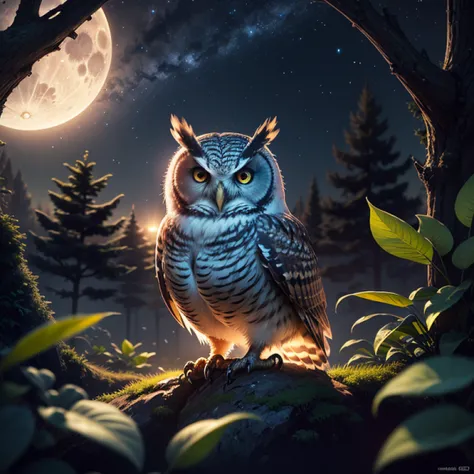 best quality, ultra-detailed, (photorealistic), 
an extremely delicate and beautiful, 
the Owl, in the night, 
round full moon, starry sky, trees, bloom light effect, 
depth of field, professional lighting, 
photon mapping, radiosity, physically-based rend...