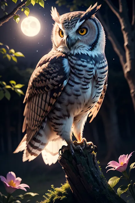 best quality, ultra-detailed, (photorealistic), 
an extremely delicate and beautiful, 
the Owl, in the night, 
round full moon, starry sky, trees, bloom light effect, 
depth of field, professional lighting, 
photon mapping, radiosity, physically-based rend...