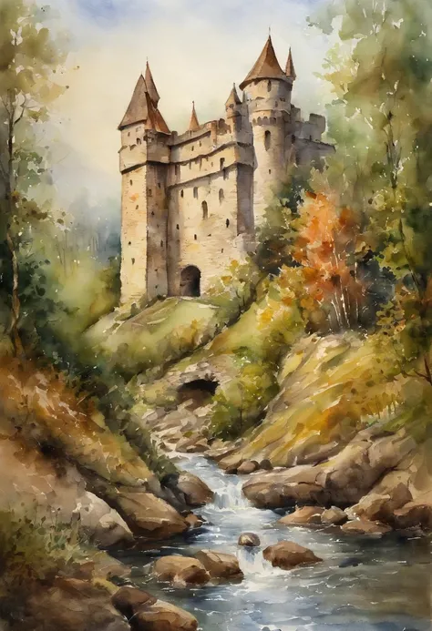 Masterpiece, best quality, Norman style castle, forest, river, medieval walls, stone walls, hill, large castle,