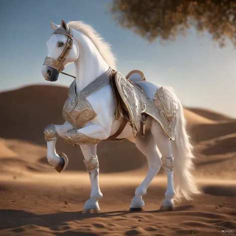 Anthropomorphic white horse in armor，Extremely aesthetically intricate details，tack sharp focus，captivating lighting，trending on artstationh，Fine armor，Cinematic lighting，intricate filigree metal design，8k，Unreal engine，octaneratingrendering