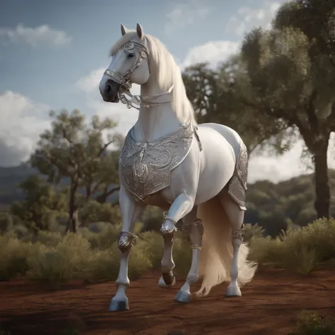 Anthropomorphic white horse in armor，Extremely aesthetically intricate details，tack sharp focus，captivating lighting，trending on artstationh，Fine armor，Cinematic lighting，intricate filigree metal design，8k，Unreal engine，octaneratingrendering