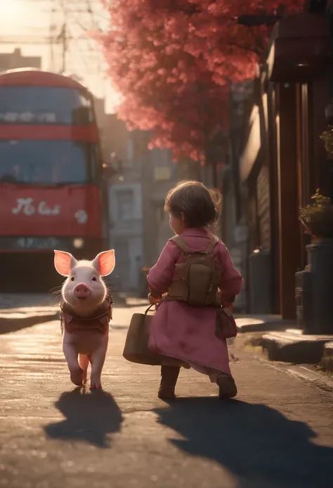 A piglet in armor and a little girl on the street, city street sunset, movie lighting, movie shooting AR 9:16 -N 6-G, Japonisme 3 D 8 K hyper-detailed, realistic street view, octane rendering. Author: Makoto Shinkai, realistic afternoon lights, Akihiko Yos...