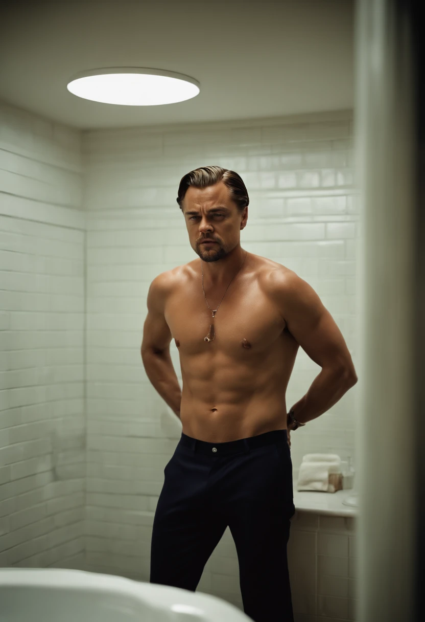 Muscular Leonardo dicaprio touching his nipples in bathroom