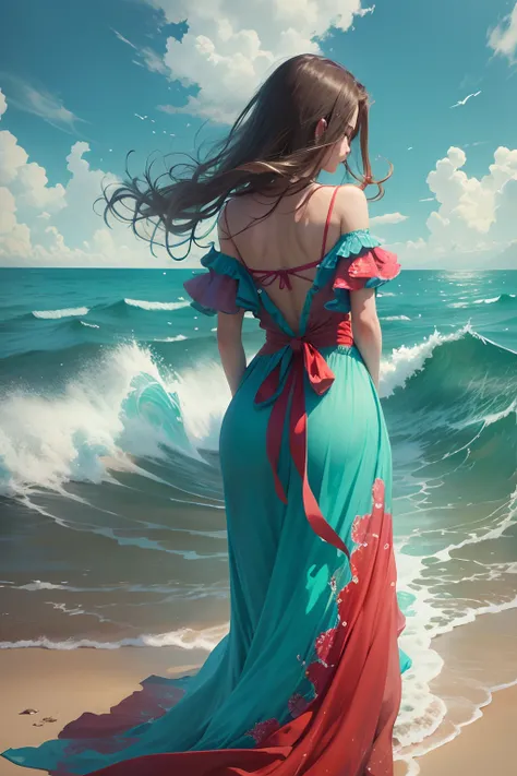 sea beach, spray, The back of a girl, Red dress,  Blue sky.