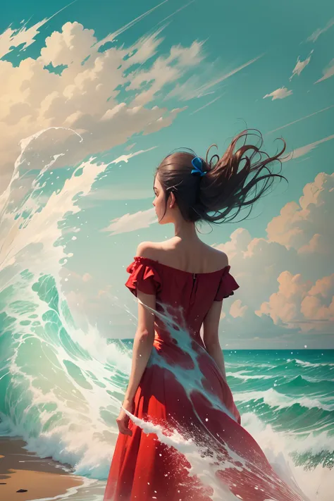 sea beach, spray, The back of a girl, Red dress,  Blue sky.