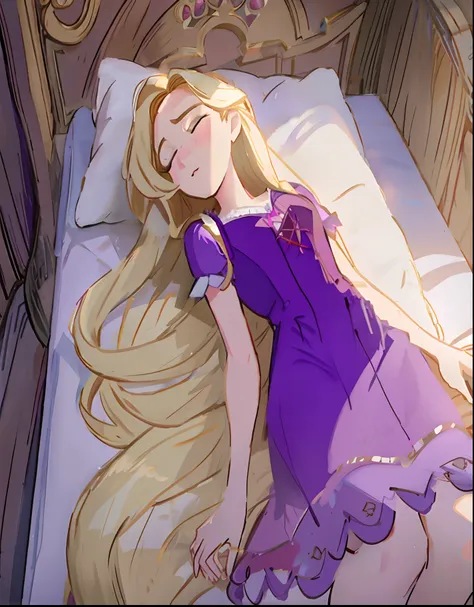 blond haired girl laying on bed with purple dress and white pillow, sleeping princess!!!!, sleeping beauty, rapunzel, disney art...