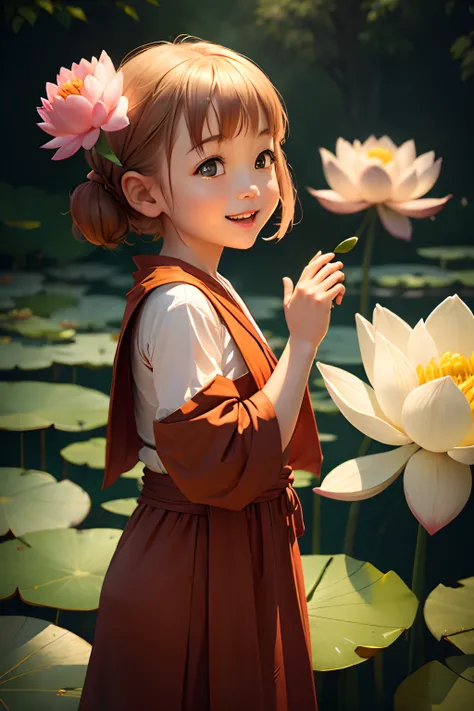 A little monk is happily looking at a blooming lotus flower，1080P，having fun，rejoice