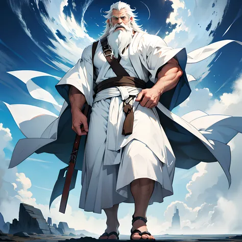 old man with white robe walking on heaven, white beard, face similiar to chris hemsworth, full body