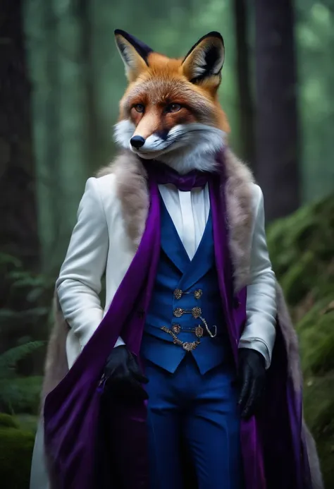 Photo realistic ultra hd fox coat blue and purple imposing with white suit purple cuirass wearing glasses forest background arms crossed