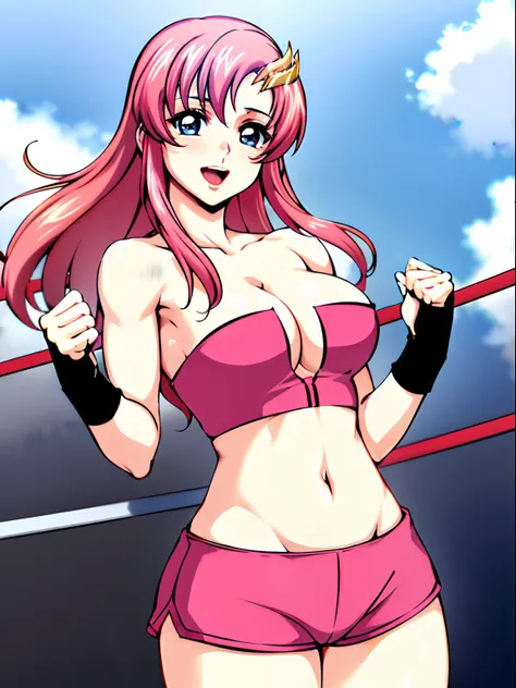 (((pink strapless wrestling outfit, gloves, pink shorts , slender body, long stomach, nice thighs, happy, gentle))), (masterpiece, standing , 4K, Best Quality, Anime style,, Adult Woman, ultra detailed face, (cloud background, wrestling), Drawing lines, hi...