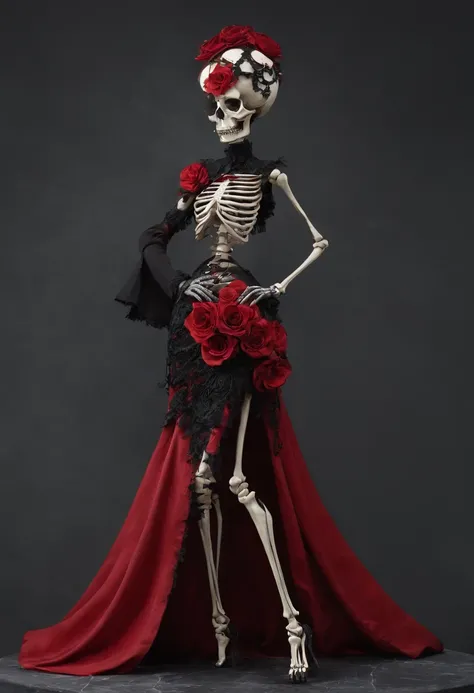 (Skeleton in black and red dress)， （The half-skeleton wears a bohemian skirt），Stand in front of black volcanic stones, （Super exaggerated skirt：1.37），flowers grow from the body, （Precise skeleton structure：1.37）, skullgirls, ska skeleton and girlfriend, (P...