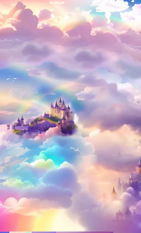 There is a castle in the clouds，There are rainbows in the sky, flying cloud castle, fairy tale style background, lie on white clouds fairyland, ethereal rainbow nimbus, castle in the clouds, castle made of clouds, palace floating in the sky, palace floatin...