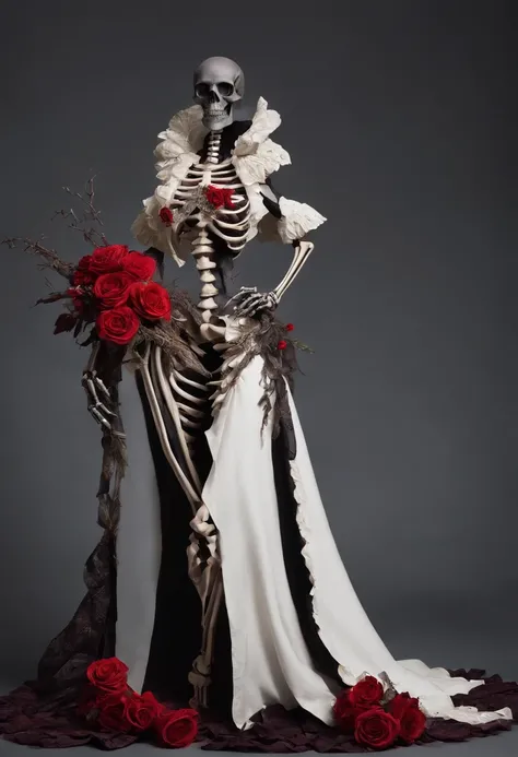 (Skeleton in a bridal dress)， （Wearing a bohemian dress），Stand in front of black volcanic stones, （Super exaggerated skirt：1.37），Flowers grow from the skeleton body, （Precise skeleton structure：1.37）, skullgirls, ska skeleton and girlfriend, (Precise bone ...