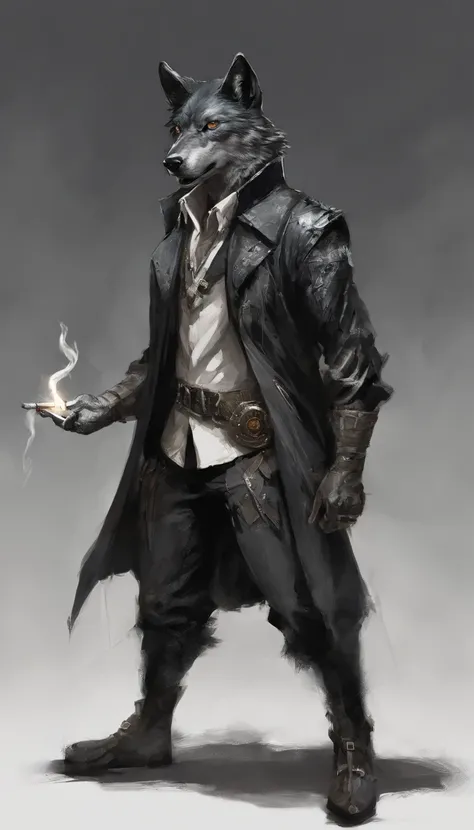 Black-haired wolf in costume. cigarette in his hand. Keep the collar of your clothes closed