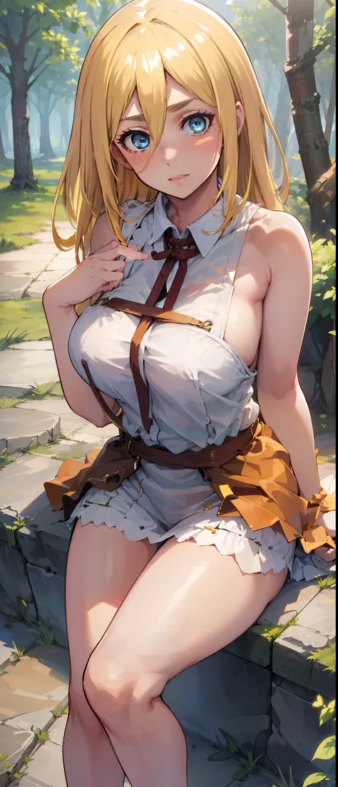 (day:1.7), Forest background,
sitting on the floor,sleeveless,bra,
thigh strap, thighs,
blonde hair,blue eyes,bangs, Long_hair,(hair between eyes:1.3),
1 girl, 20yo,mature female,Beautiful Finger,Beautiful long legs,Beautiful body,Beautiful Nose,Beautiful ...
