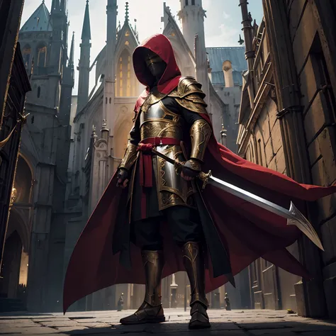 Full body low angle shot of an intimidating hooded holy warrior in golden clothes, red and white wielding a two-handed sword atop a cathedral tower, Man, Ritualistic mask, pelagem longa, olhos negros, low-up angle, altamente detalhado, mascarado,bettert fa...