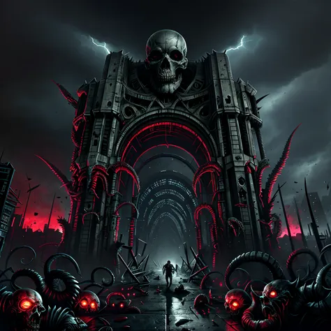 A brutal battle, Dead and sicks and zombies fighting each other, under a biomechanical arch of horror gateway, brutality, cosmic horror, tentacles, dark environment, night, horror, blood, fantastic, fear, panic, despair. Under a cloudy sky of disgrace. Hor...