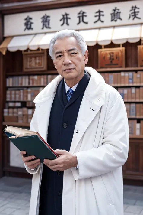 Chinese image，Real frontal photos，Authentic background，Pharmacy background，holding books，Manteau blanc，Face full of wrinkles，TCM image，Wise eyes，male people