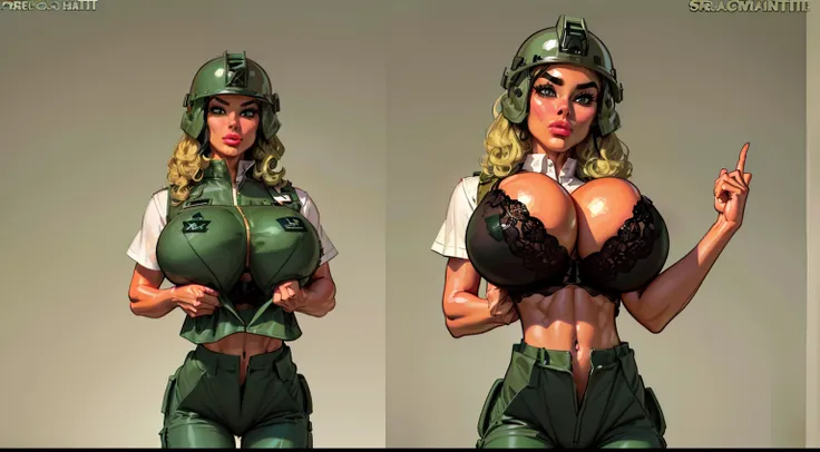 1 man, (male soldier:1.4), (sexy ((female soldier1.6))), ((green combat helmet helmet:1.5)) wearing ((khaki cargo pants:1.4)), (perfect face), detailed face, (symmetrical eyes), perfect nose, ((open cargo vest:1.3)), wearing ((black bra on:1.4)) that barel...