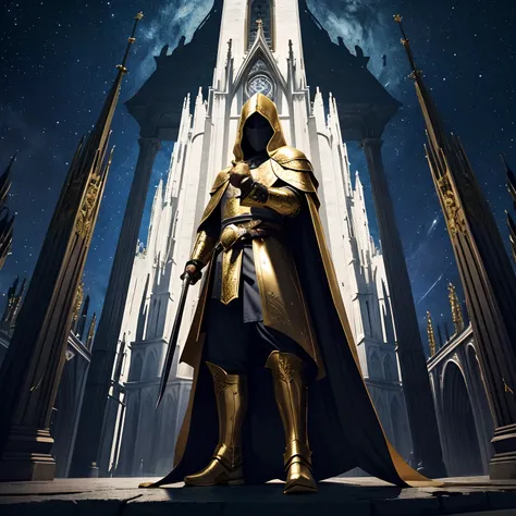 full body low angle shot of an intimidating male holy unarmored warrior with cloak with hood wearing golden and white clothes wielding a two-handed greatsword standing on top of a cathedral tower on a starry night, man, ritualistic mask, long cloa, hining ...