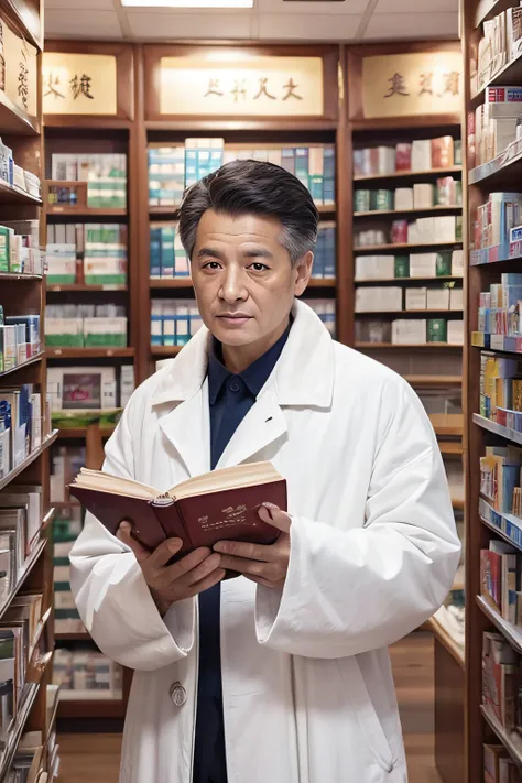 Chinese image，Real frontal photos，Authentic background，Pharmacy background，holding books，Manteau blanc，Face full of wrinkles，TCM image，Wise eyes，male people