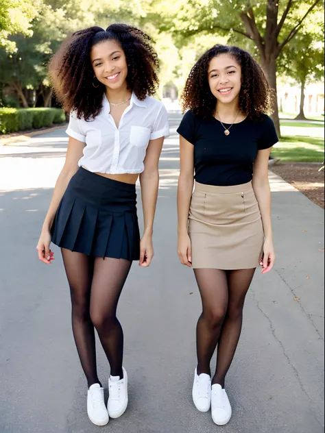 Show entire body, feet in view, aerial view, Zendaya and twin sister, curly hair, American school uniform, short skirt, sheer pantyhose, canvas shoes, standing, outdoors, midnight, laughing